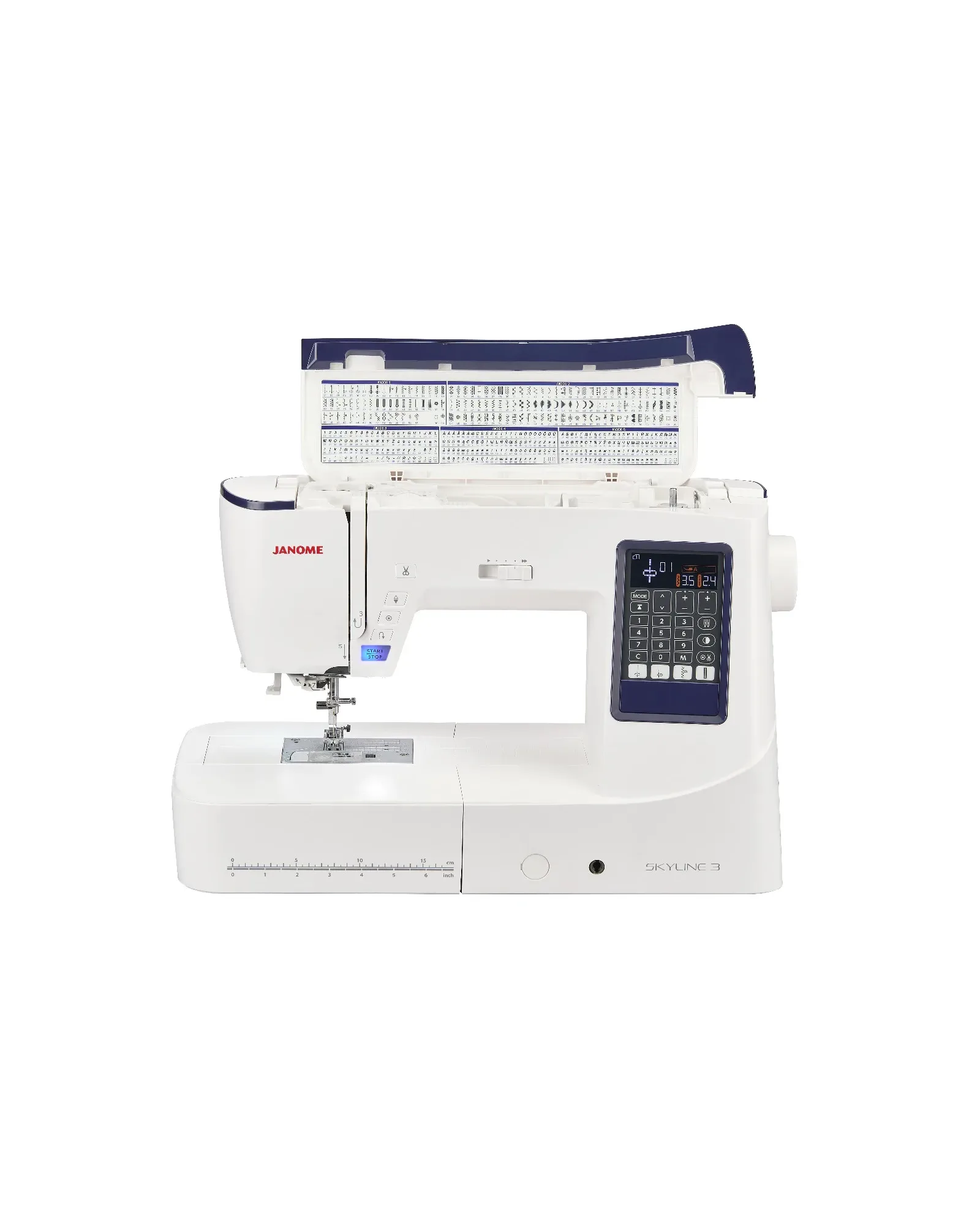 Janome Skyline 3 mit aufgeklappter Stichmusterübersicht
