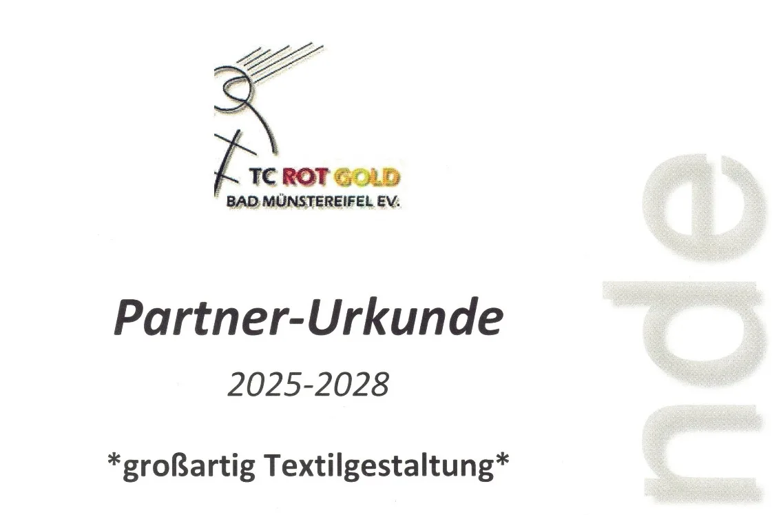 Partner-Urkunde 2025-2028 des TC Rot-Gold Bad Münstereifel e.V. für großartig Textilgestaltung